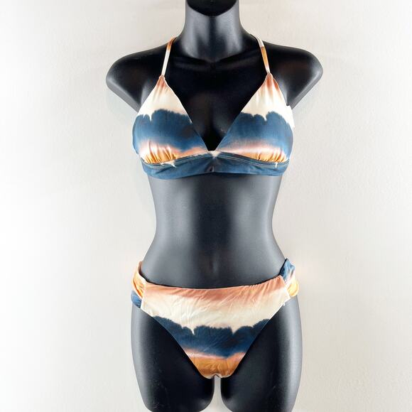 Lucky Brand Tie Dye Ombre Striped Two Piece Bikini Swimsuit Blue Orange Large - Picture 1 of 6